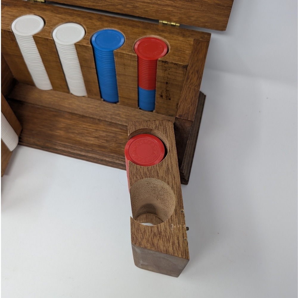 Vintage wooden poker chip carousel box w/ unique swing out chip holders gambling - Picture 5 of 16